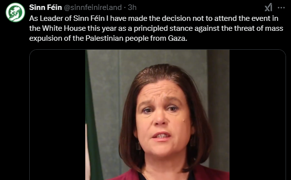 Sinn Féin to Boycott White House St. Patrick’s Day Events Over US Stance on Gaza